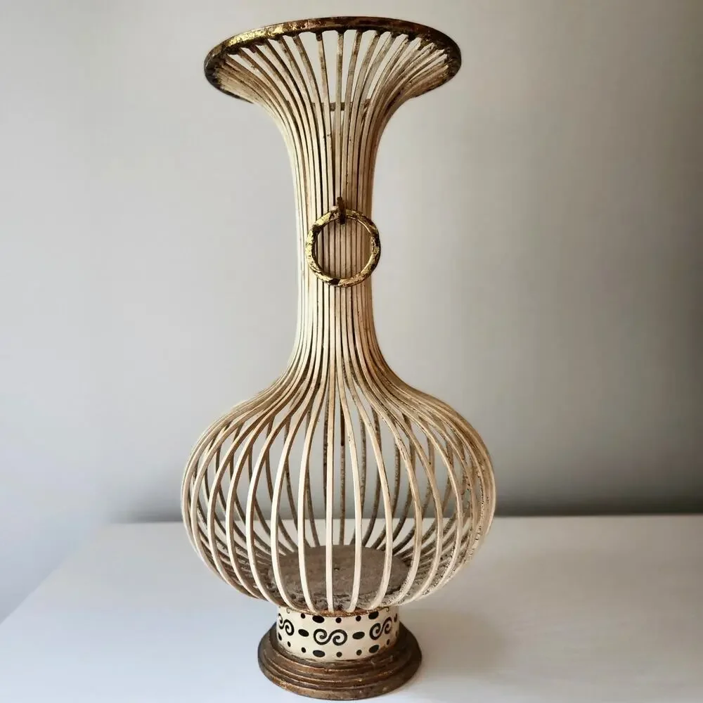 Decorative Distressed Ivory & Brass Metal Open Cage Vase with Vintage Aesthetic